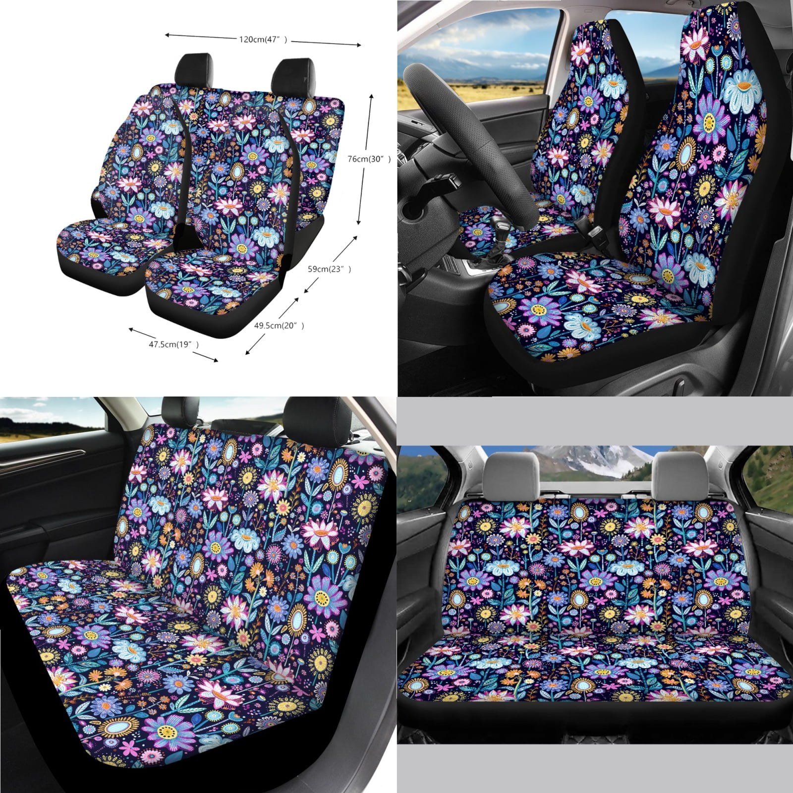 Yuyamidu Colorful Flower Car Seat Covers with Steering Wheel Cover Seat Belt Pads Coasters Waste Bin Armrest Cover Cup Holders Rearview Mirror Cover Handbrake Cover Set 14pcs Auto Accessories