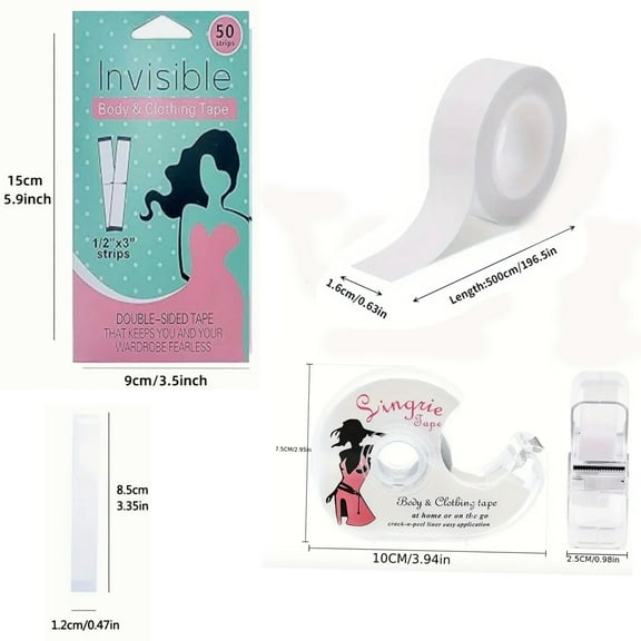 Fruilibee Double Adhesive Women's Lingerie Fashion Clothing and Body Tape Combo Pack (1 Roll   50 Strips Pack )