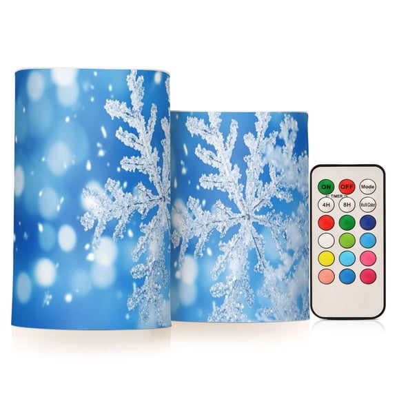Blue Snowflakes Flickering Flameless Candles LED Tealight Battery Operated with Remote Set of 2 Holiday Decor Ornaments