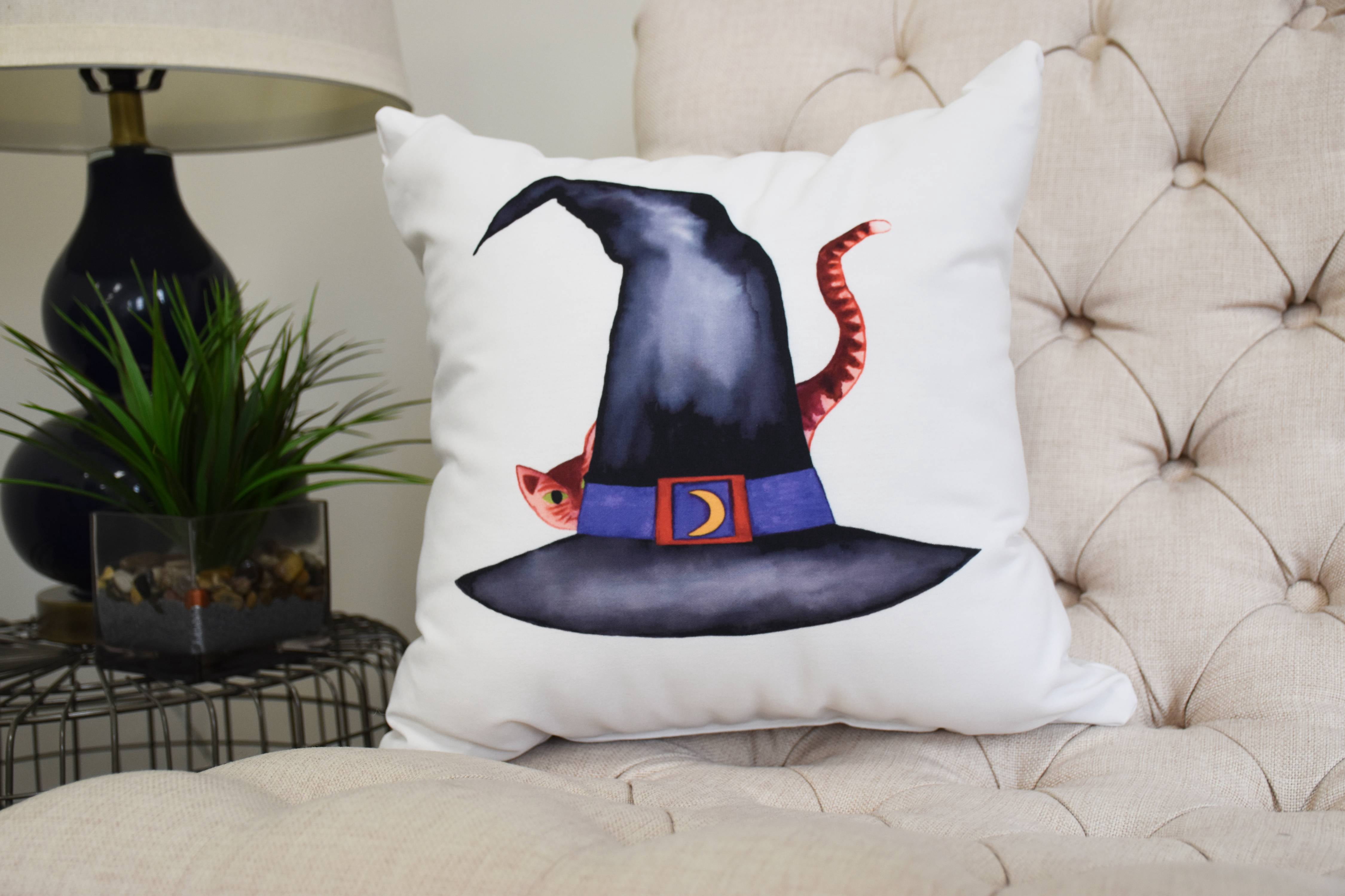 Cat Behind the Hat 18 Inch Cream Halloween Print Decorative Throw Pillow