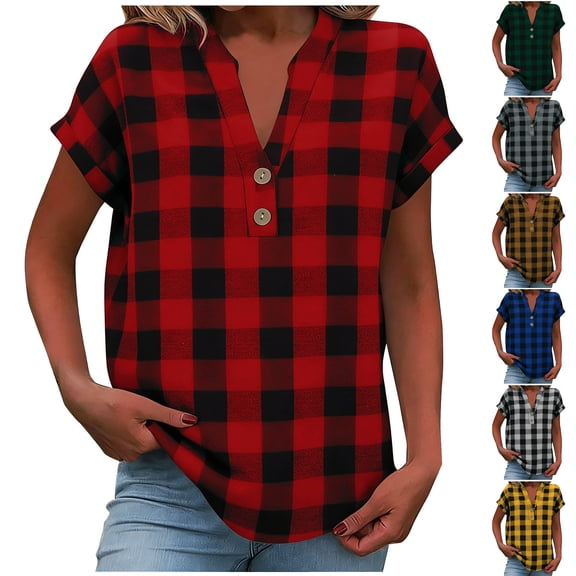 BUIGTTKLOP Summer Tops for Women Short Sleeve Shirts Casual V Neck T Shirts Plaid Loose Fitted Blouses