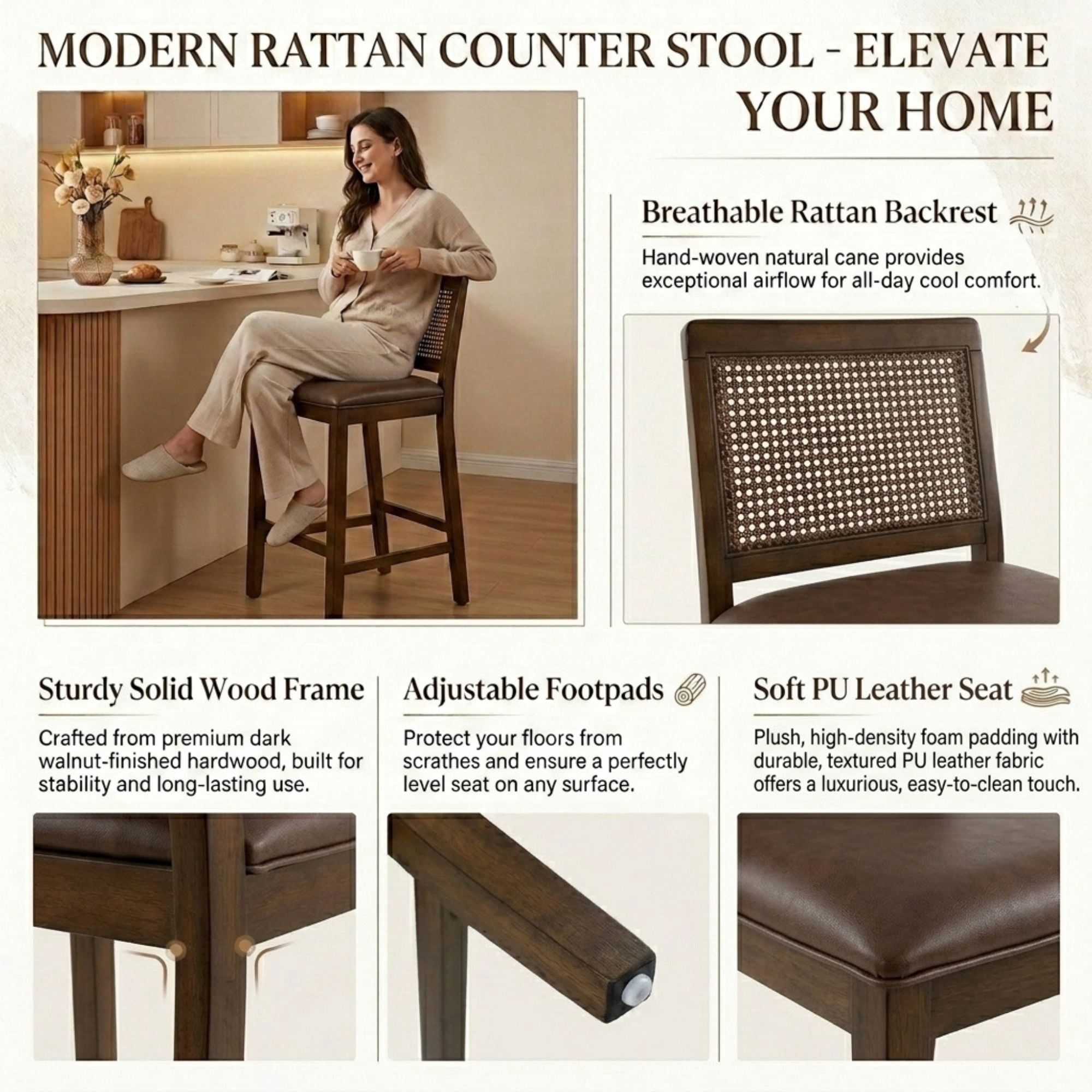 Guyou 26" Rattan Bar Stools Set of 2, Farmhouse Faux Leather Upholstered Counter Height Stools with Cane Woven Back, Mid-Century Modern Wooden Bar Chairs for Kitchen Island, Walnut Brown