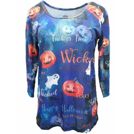 Womens Blue Pumpkin Trick Or Treat Halloween Holiday Long Sleeve T-Shirt
