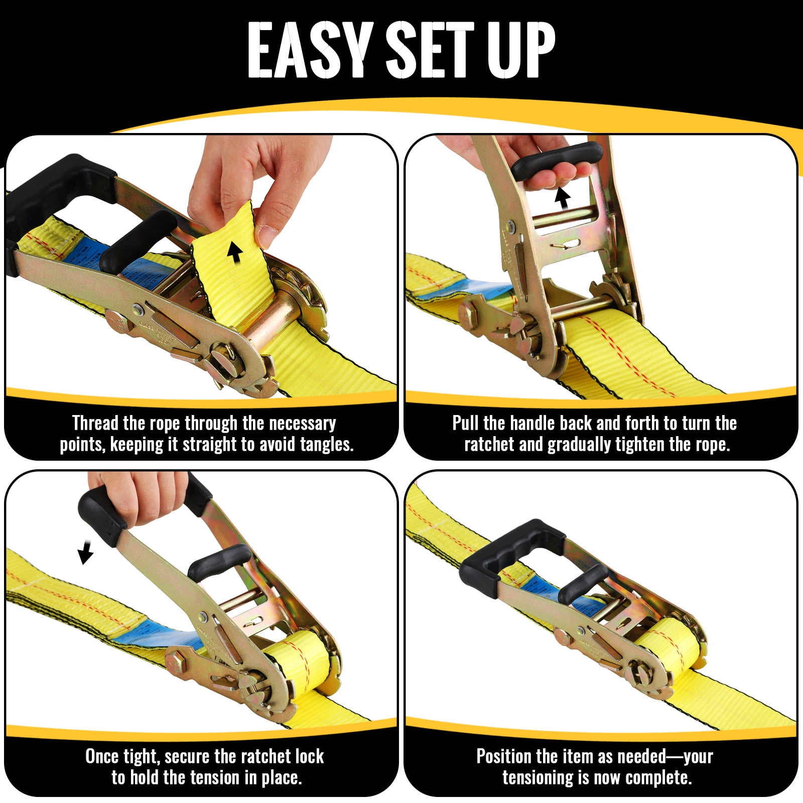 TLGREEN 4 Pack Wheel Straps + Axle Straps Kit for Trailers – 2” x 10’ Ratchet Straps with J Hooks & 36” Axle Straps, 10,000LB Break Strength, Non-Scratch Protection for Truck, SUV, ATV, UTV, Yellow