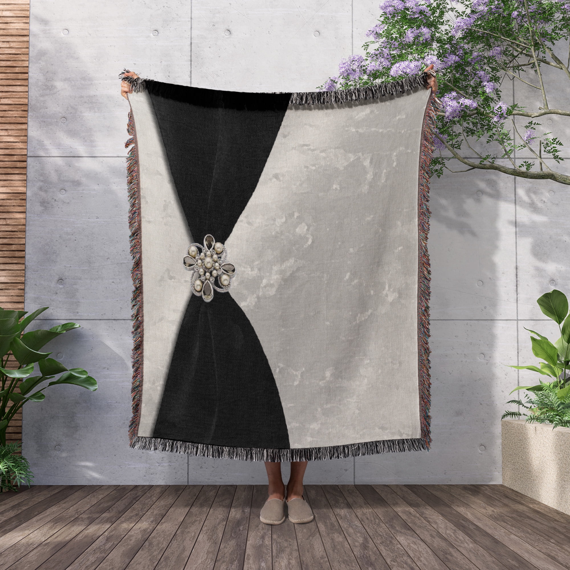 Black Satin Ribbon With Jewel On Silver, Woven Blanket