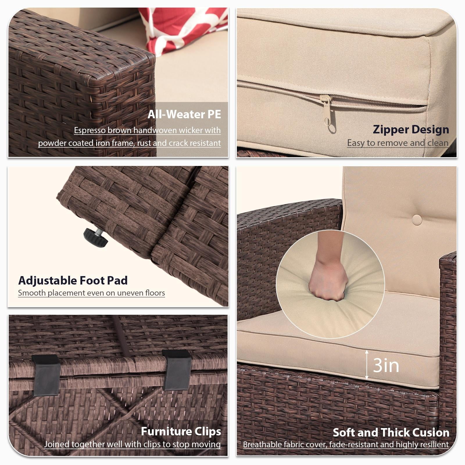 JOIVI 8 Pc Outdoor Furniture Set with Storage Box, Wicker Rattan Patio Conversation Set with Sectional Sofa Couch for 6 People, Espresso Brown