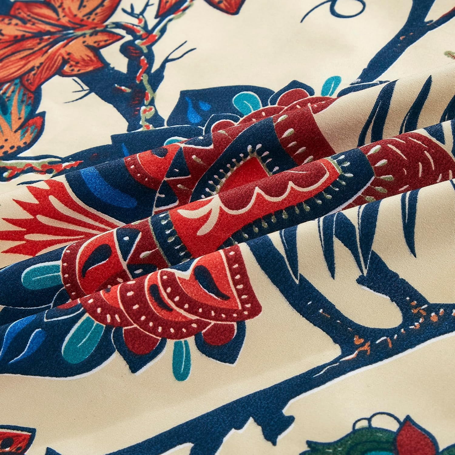 Chezmoi Collection 4-Piece Paradise Floral Window Curtain Set with Sheer Backing, Multicolor Blue Red Orange Cream Printed Microfiber, 120 inch x 84 inch