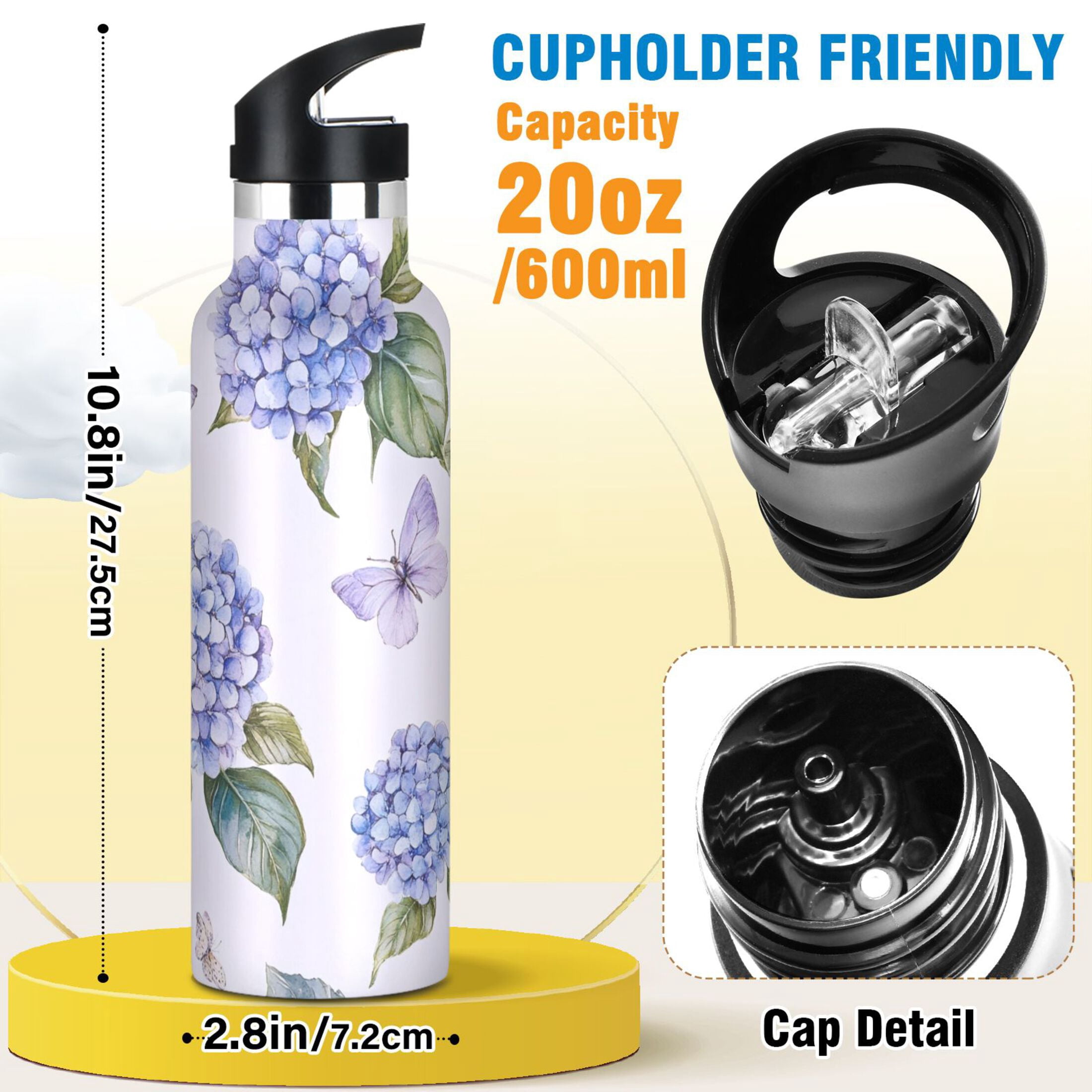 Kids Insulated Stainless Steel Sports Water Bottle 600ml (20oz) Blue Hydrangea