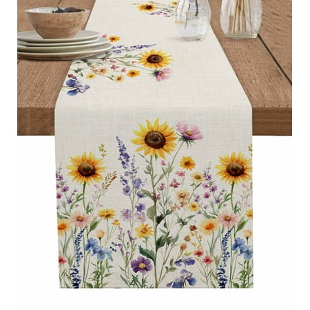 

Table Runner Dresser Scarves 70 Inch Long Spring Watercolor Sunflower Leaves Linen Dining Table Runners Blossom Floral on Burlap Tabletop Scarf for Wedding Holiday Party Kitchen