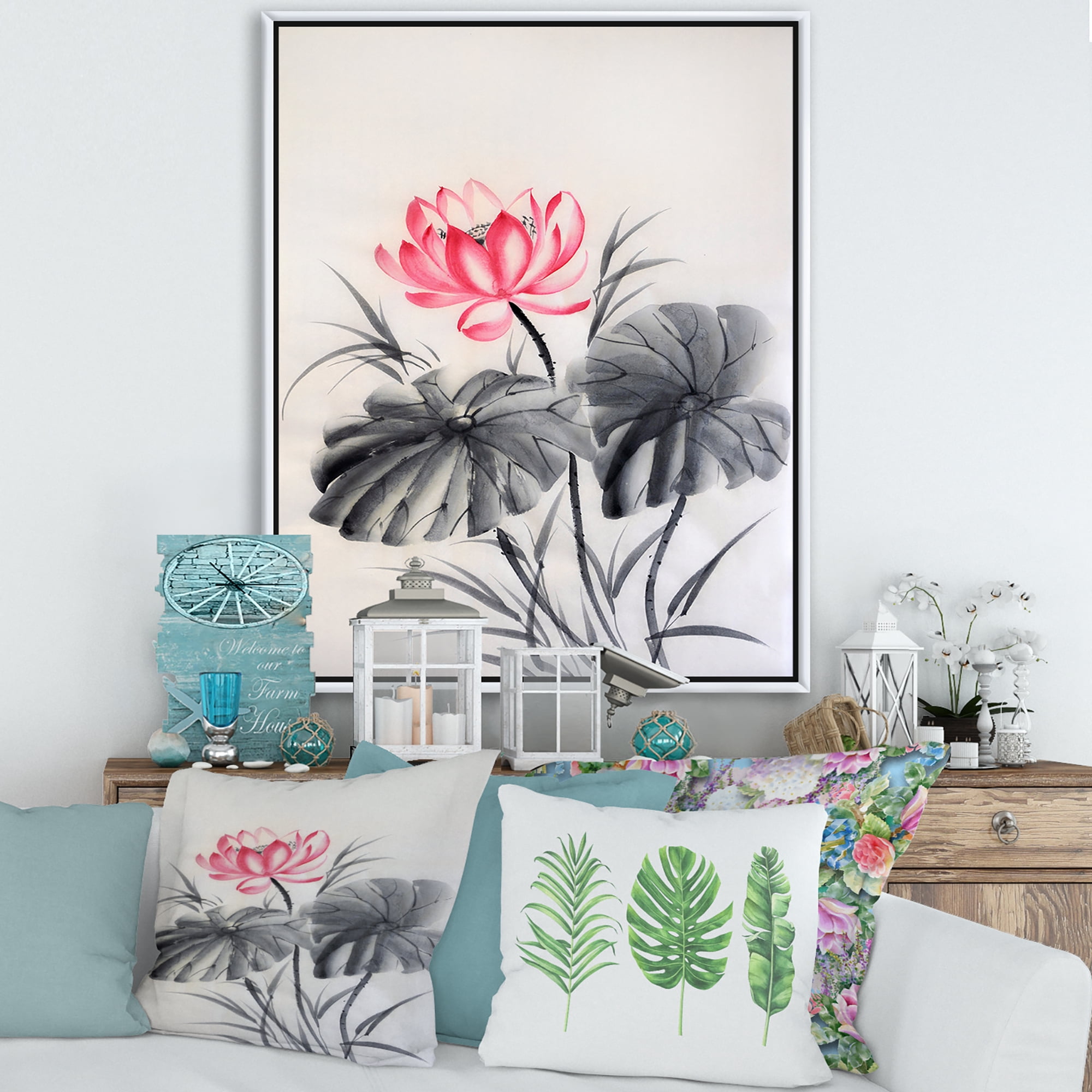 Two Monochrome Leaves With Lotus Flower 12 in x 20 in Framed Painting Canvas Art Print, by Designart