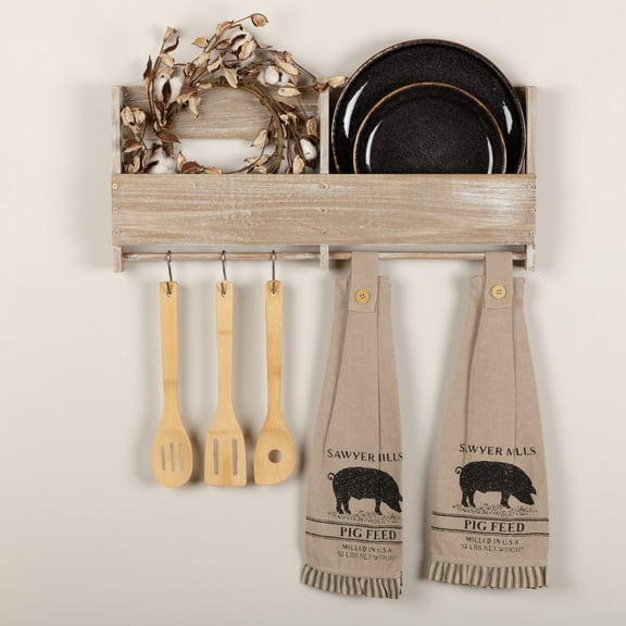 VHC Brands Sawyer Mill Pig Nature Print Chambray Cotton Farmhouse Tabletop Kitchen Fabric Loop Stenciled Runner, Towel Set 6.5x18, Khaki Tan