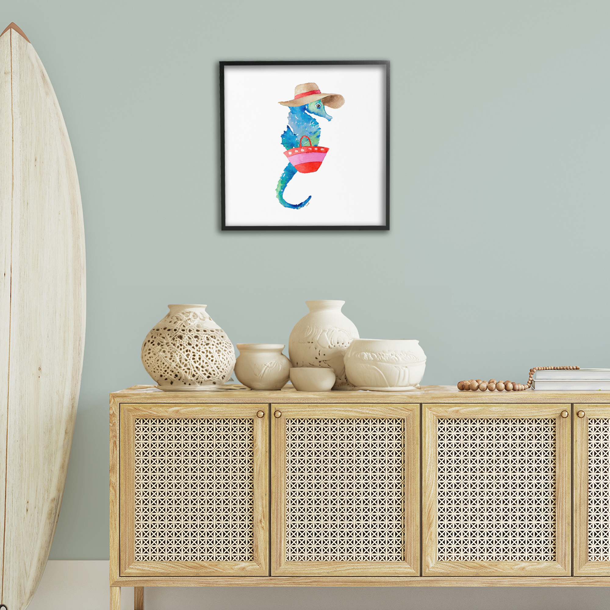 Stupell Industries Seahorse in Beach Hat Novelty Painting Black Framed Art Print Wall Art, 24 x 24