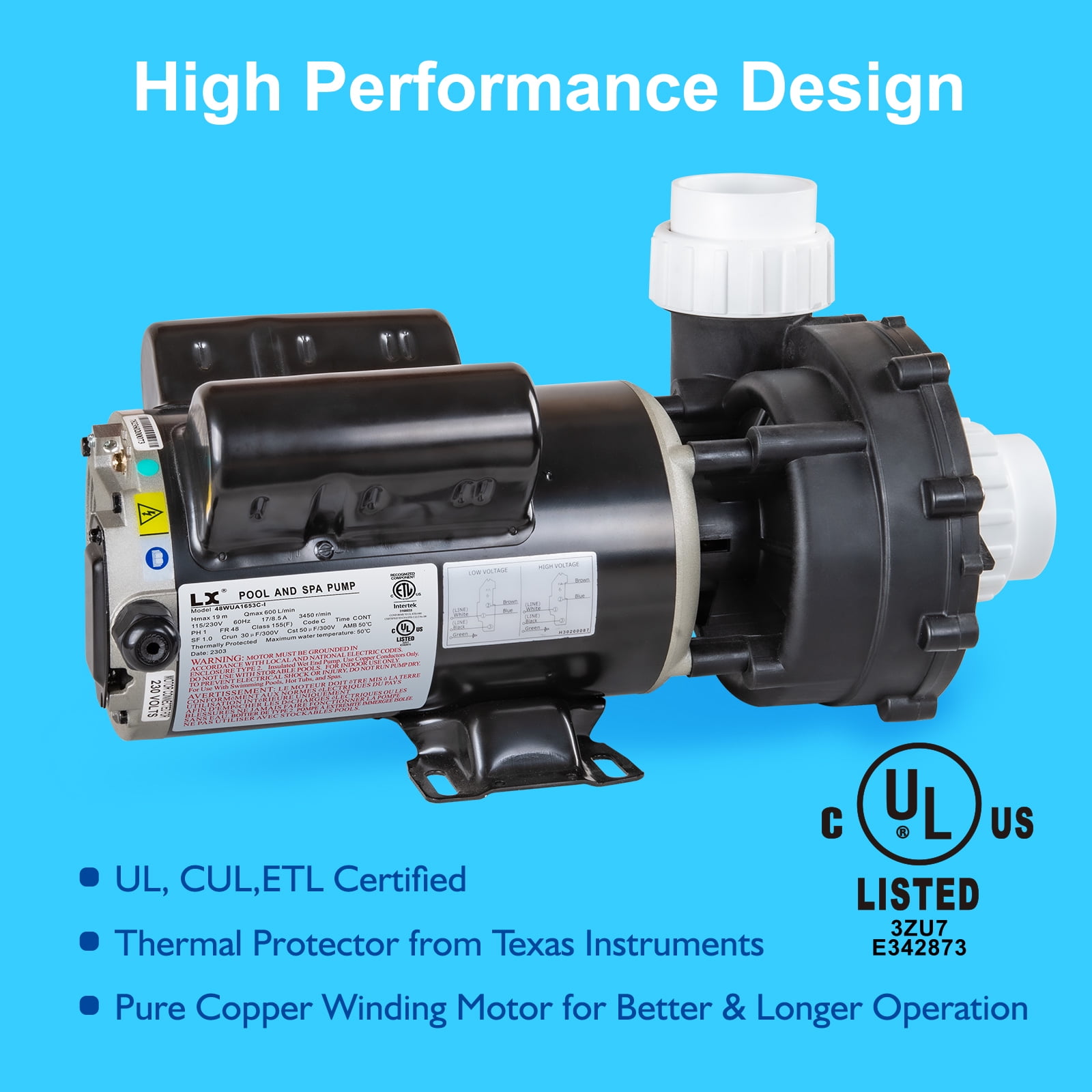 LINGXIAO SPA Pump, Single Speed Hot Tub SPA Pump, 2.5HP LX SPA Pump Motor, (230V or 115V)/60HZ, 2" Port - Model: 48WUA1653C-I