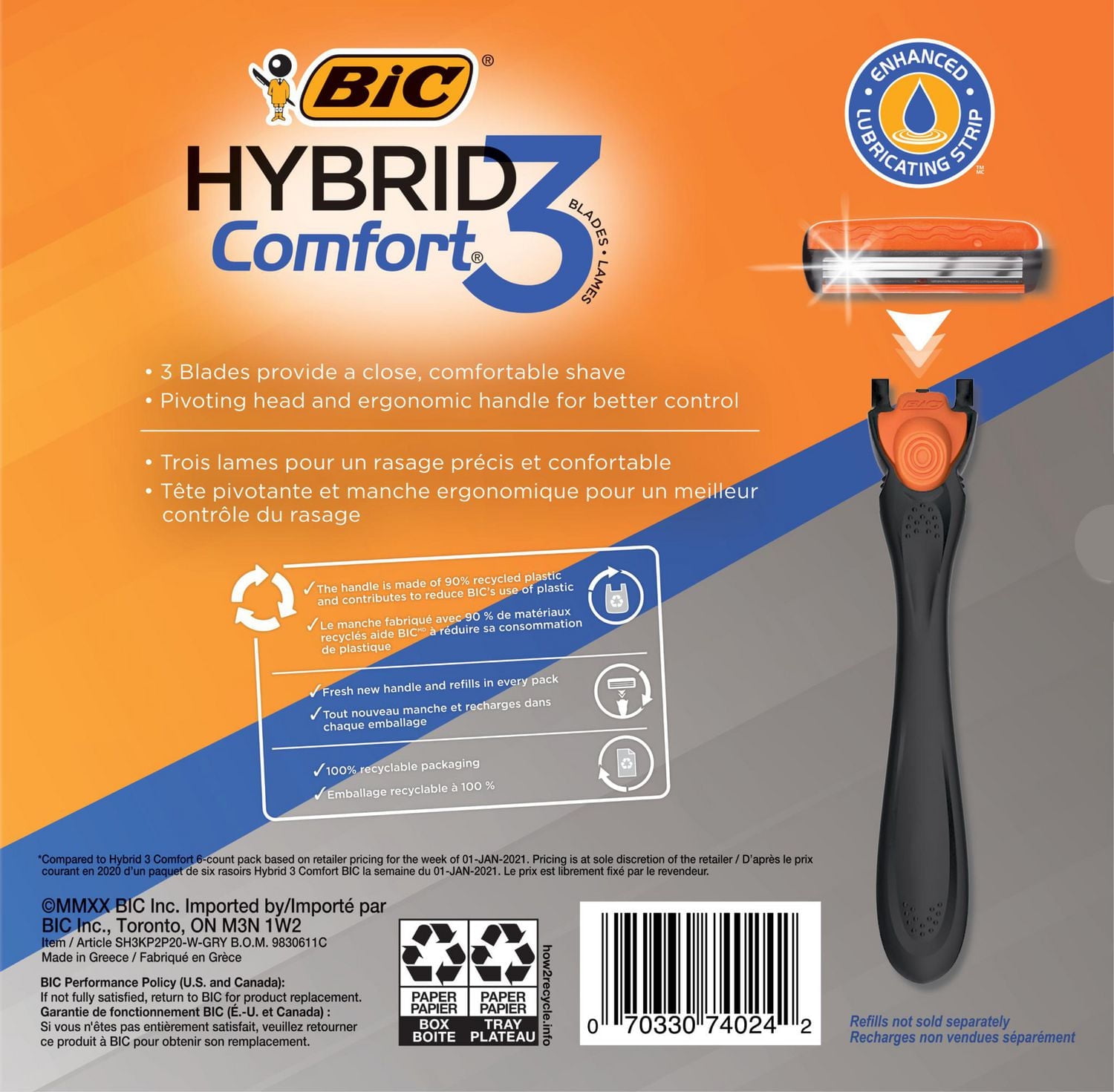Rasoir jetable rechargeable pour hommes BIC Comfort 3 Hybrid, lames de rasoir, 3 lames, 2 manches et 20 cartouches, pour un rasage confortable, paquet de 20. paquet de 20