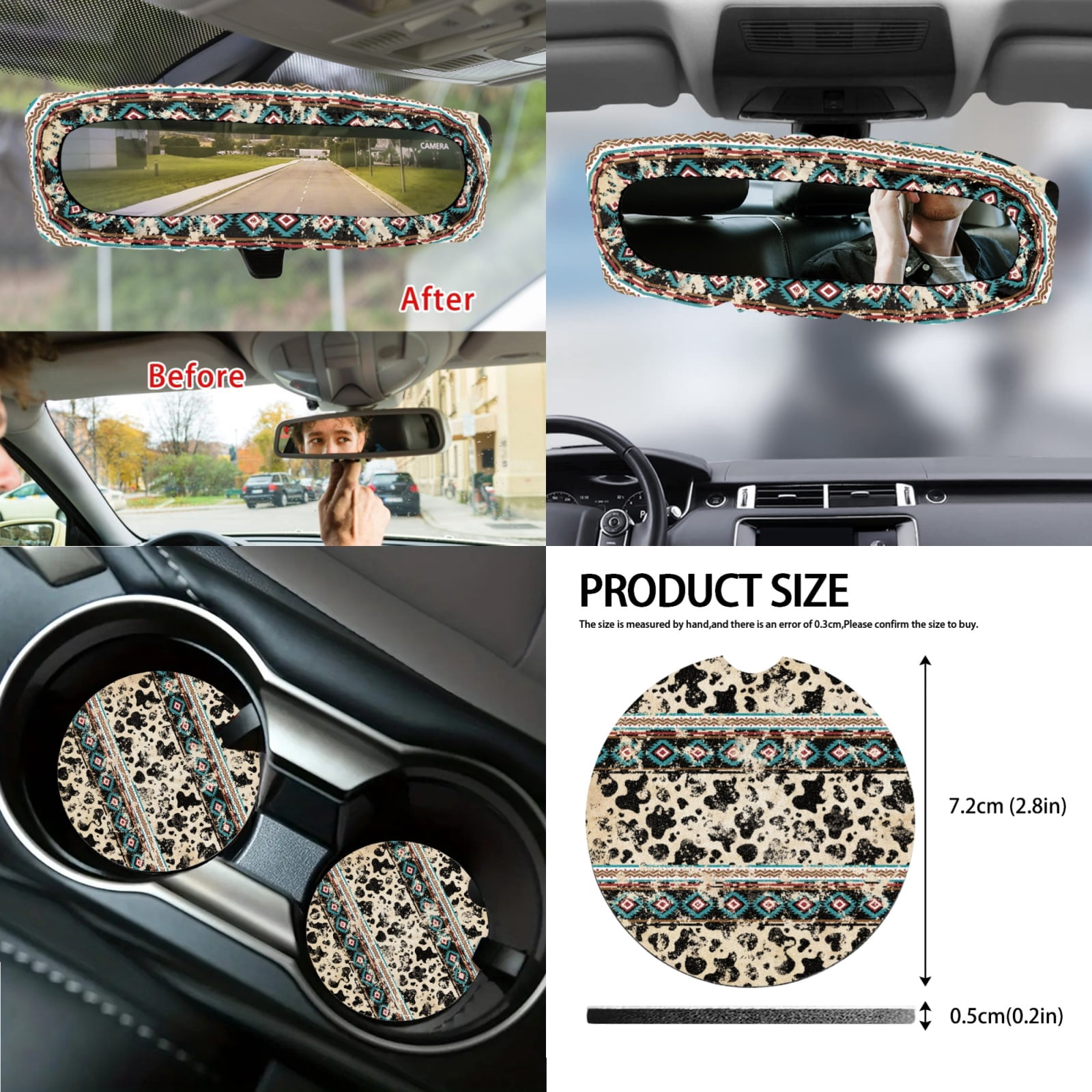 Renewold American Tribal Cow Print Car Front Back Seat Covers 14 PCS Set, with Steering Wheel Cover Seat Belt Pad Garbage Bin Armrest Cover Pad Rearview Mirror Cover Handbrake Cover Set Coasters