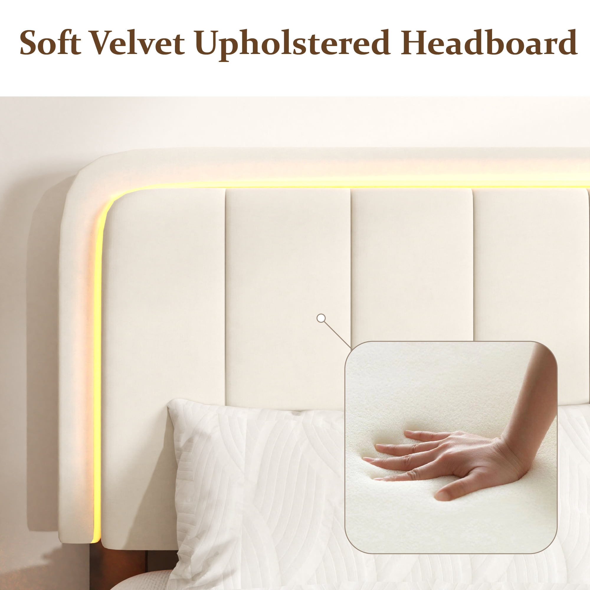 Queen Size Upholstered Bed Frame with Adjustable Headboard, LED Lights, Wooden Slat Support, Velvet Platform Bed, No Box Spring Needed, Easy Assembly, Noise-Free, Beige