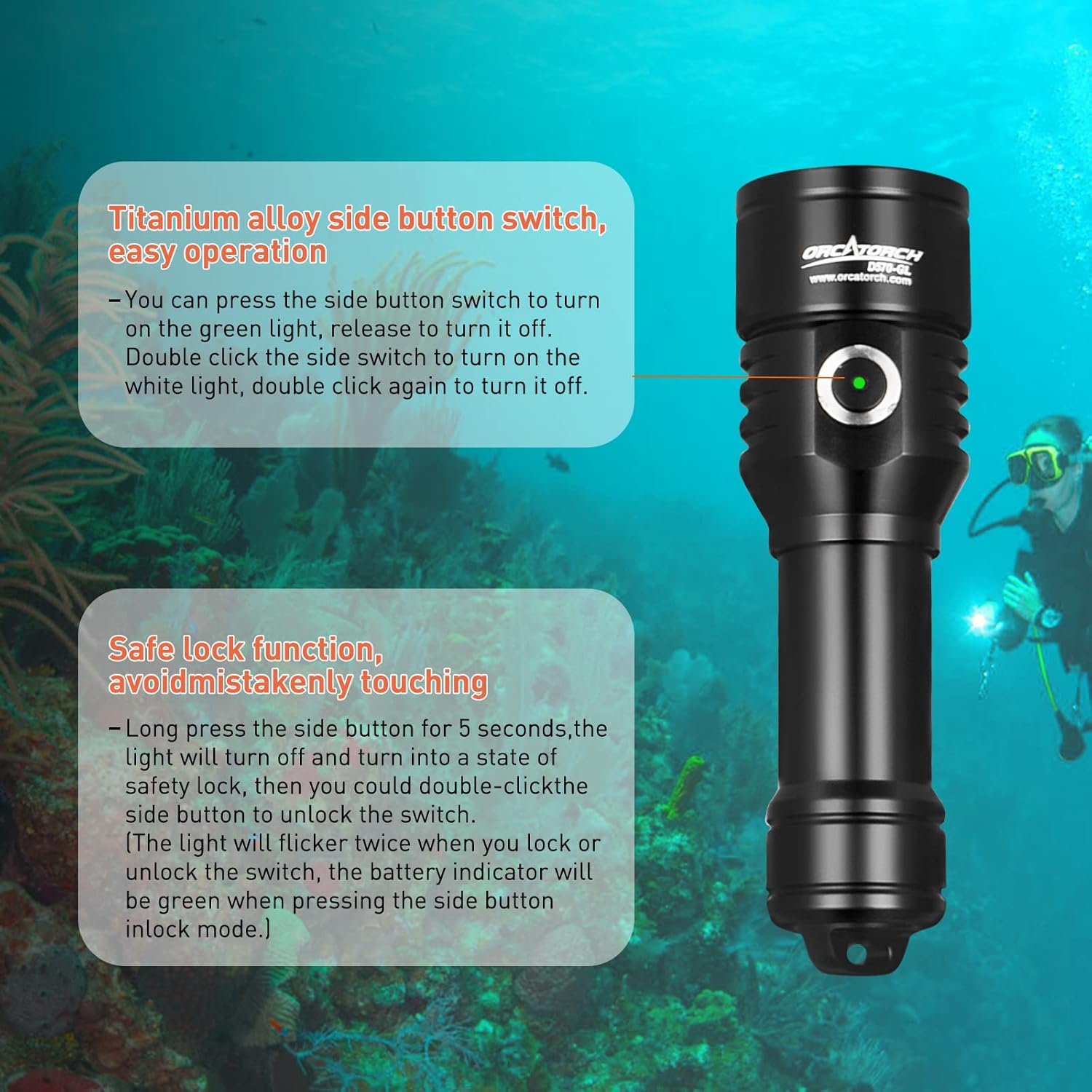 ORCATORCH D570-GL 2.0 Scuba Diving Signal Light 1500 Lumens Underwater Flashlight, 1000M Green Beam and White LED Combo, Rechargeable Battery for Night Dive Training Instructor Cave Exploration