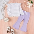thumbnail image 3 of GYRATEDREAM Toddler Baby Girls Fall Winter Outfits Knit Ribbed Long Sleeve Ruffle Stripe Print Pullover Top + Flare Pants 2Pcs Clothing Set Purple for 12M-5T, 3 of 8