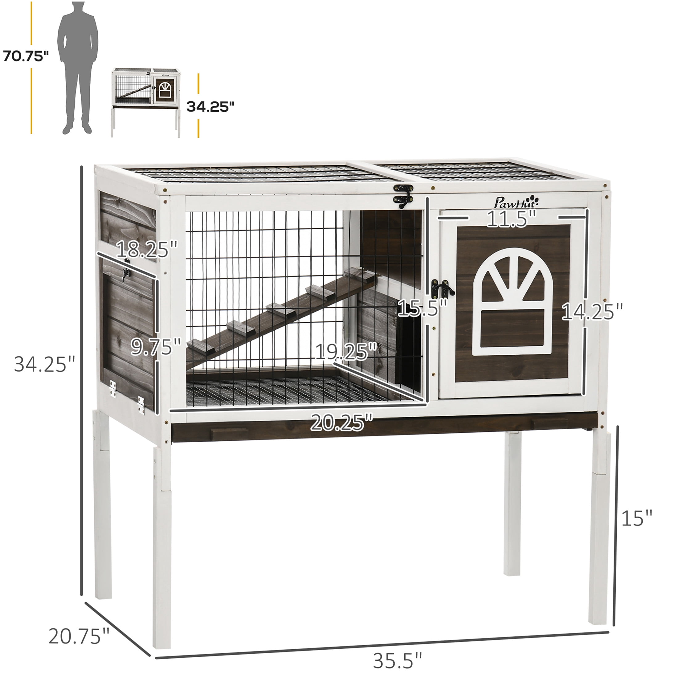 JERFIT Elevated Rabbit Hutch Indoor, 35.5" Wooden Bunny Cage with Removable Tray, Lockable Doors, Ladder & Run for Guinea Pigs, Rabbits, Small Pets, Brown