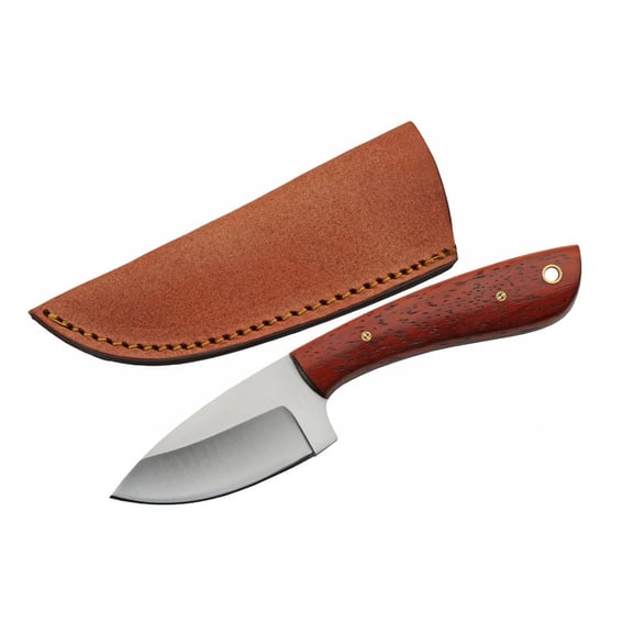 SZCO 7" Fixed Blade Knife, 3" Stainless Steel Blade with 4" Mahogany Wood Handle and Lanyard Hole, Compact Hunting and Leather Sheath