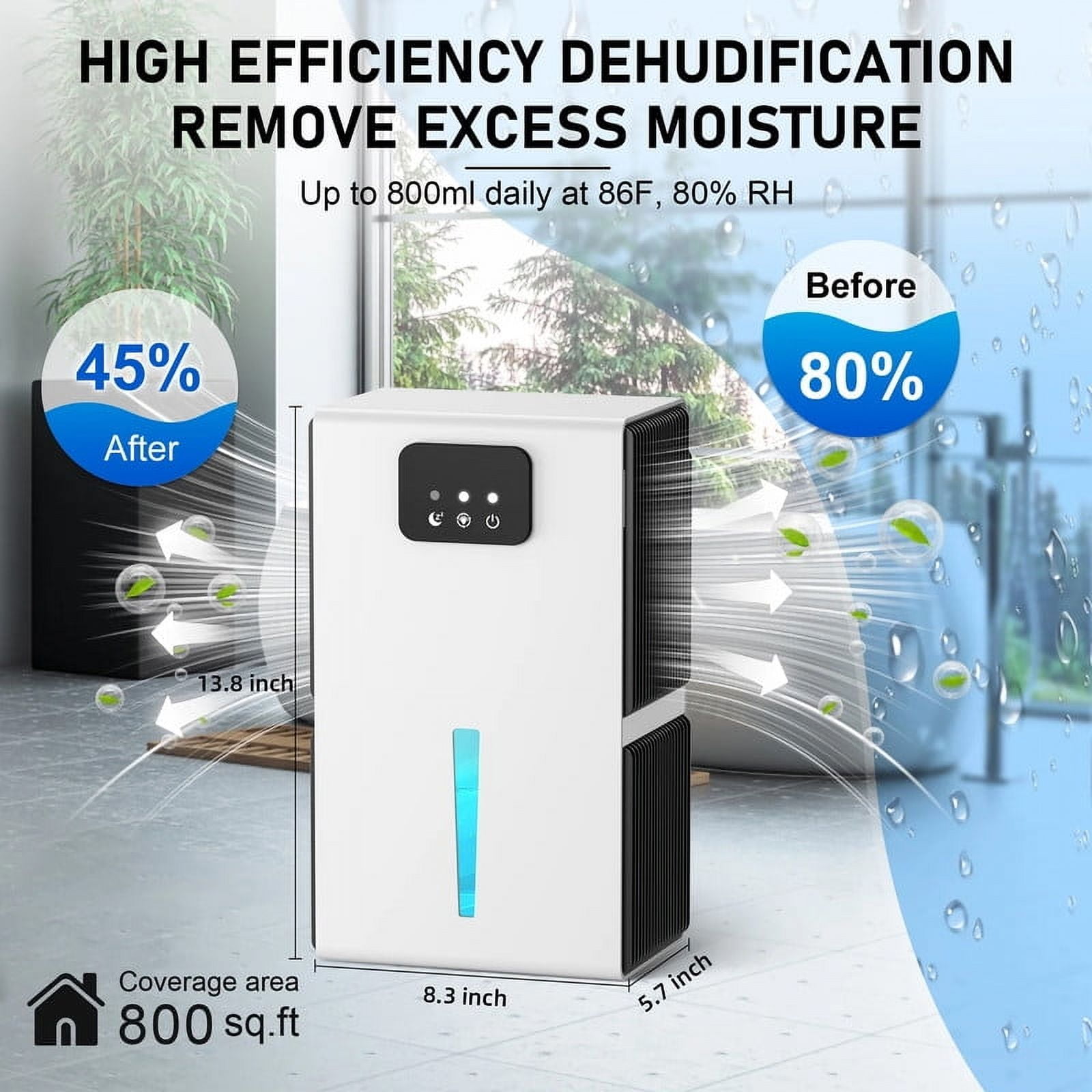 EGEH Dehumidifiers for Home, 62 OZ Dehumidifier for Room with Auto Shut Off, Sleep Mode (800 sq. ft) Portable Dehumidifier for Bathroom, Bedroom, Basement, RV, 7 Colors LED Light, White