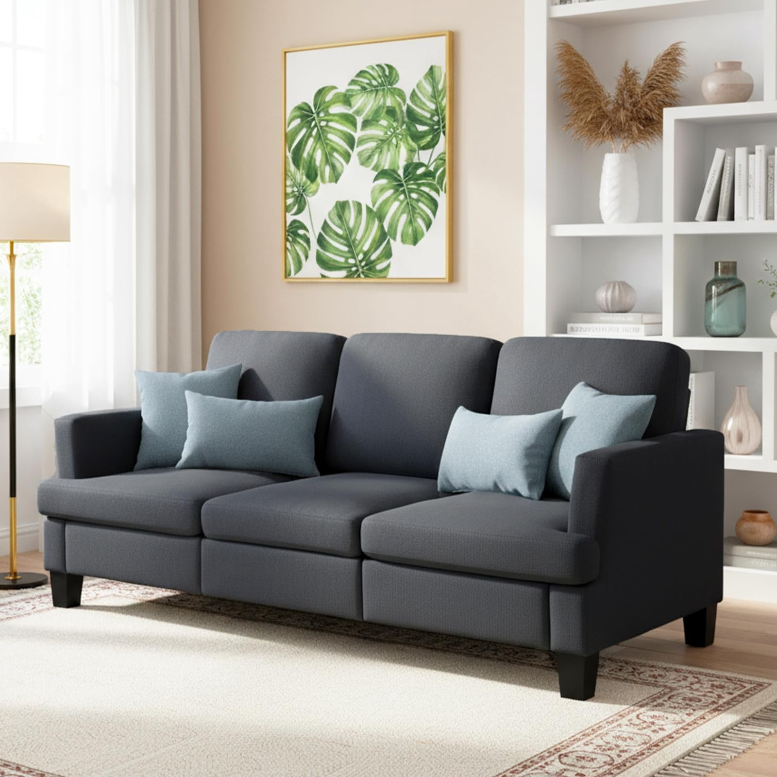 84" Mid Century Modern 3 Seater Sofa Couch, Deep Seat Upholstered Sofa with Armrests, Comfy Linen Couch for Living Room, Bedroom, Apartment & Office, Dark Gray