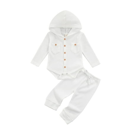 

Musuos Babys Solid Color Long Sleeve Hooded Romper and Tie-up Trousers Set