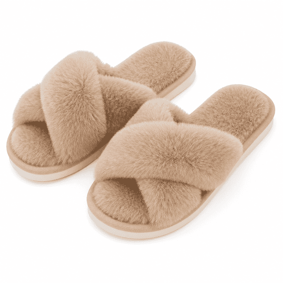 Medstation Women's Fuzzy Open-Toe Cross-Band Memory Foam House Slippers, Camel, U.S. 9-10 / EU 40-41