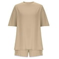 thumbnail image 5 of CheerKidz Two Piece Sets for Women 2025 Summer Short Matching Home Tops Elastic Waist Shorts Set Casual Loose V Neck Beach Vacation Travel Outfits(Z03#Khaki,M), 5 of 9