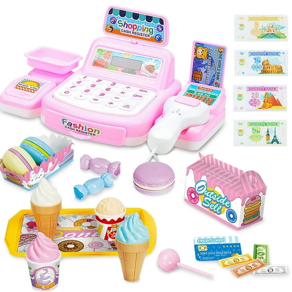 YOPTOP Talking Cash Register for Kids 3 & Up Pretend Play Set Comes with Toy Microphone, Working Scanner, Play Money, Card, Toy Food 19 Pieces with Lights & Sounds,Pink