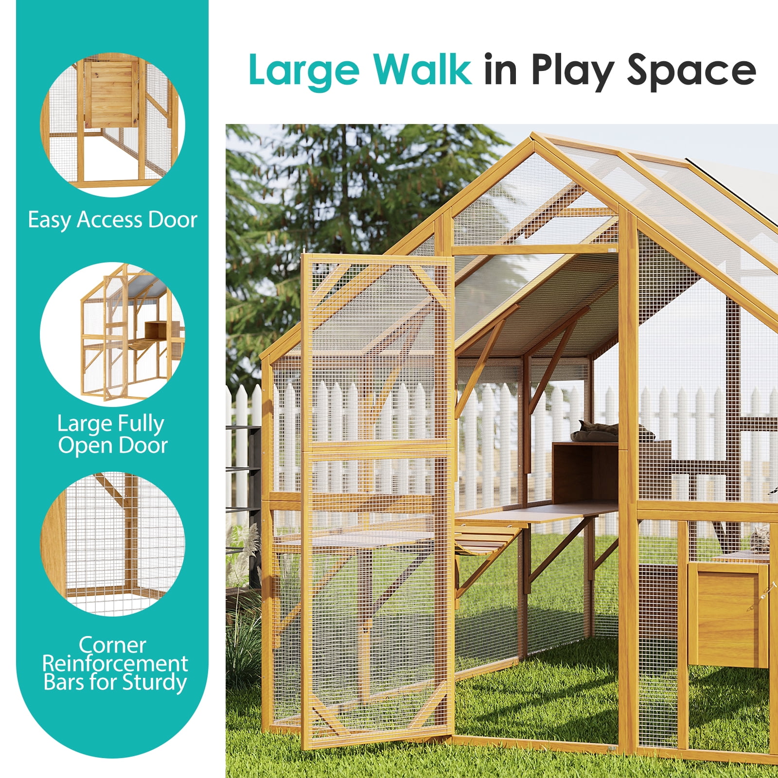 NARTRU Large Wooden Outdoor Cat House, Cat Run Enclosure Walk in Cat Catio Cage Pet Kennel Playpen with Jumping Activity Platforms