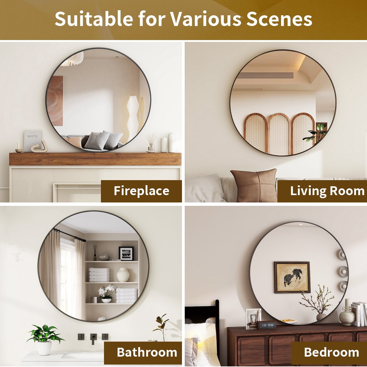 Easy4Home 36 Inch Round Wall Mirror Aluminum Alloy Framed Circle Bathroom Mirror Wall Mounted, Black
