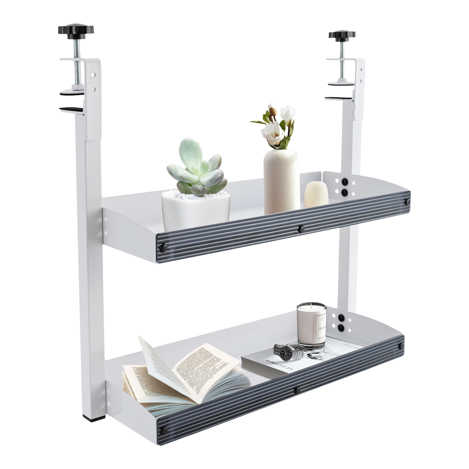 Clamp-on Desk Shelf, 2-Tier Carbon Steel Plastic Panel Clip-on Desk Organizer, Office Modern Countertop Shelf, Bedroom Living Room Thickness 1.7in Clamp-on Desk Shelf (White) MK3131-A1
