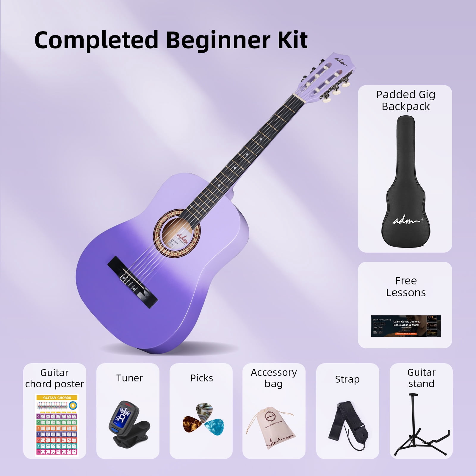 ADM Acoustic Guitar for Adults & Kids, 38" Travel Guitar Kit (Purple)