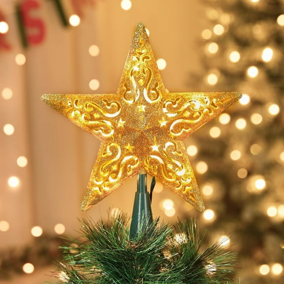 9.5 in Golden Glitter Christmas Star Tree Topper with Built-in String Lights for Indoor