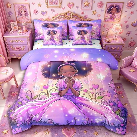 Castle Fairy Magical Fairy Afro Princess Twin Bedding 7-Piece,Purple Star Flower Heart Bedding Comforter Set,Purple Pink
