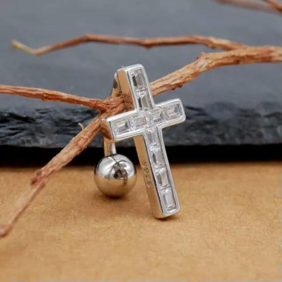 QQTDFG Sterling Silver Cross Square CZ Belly Bar Button Navel Ring Piercing A1519-8mm