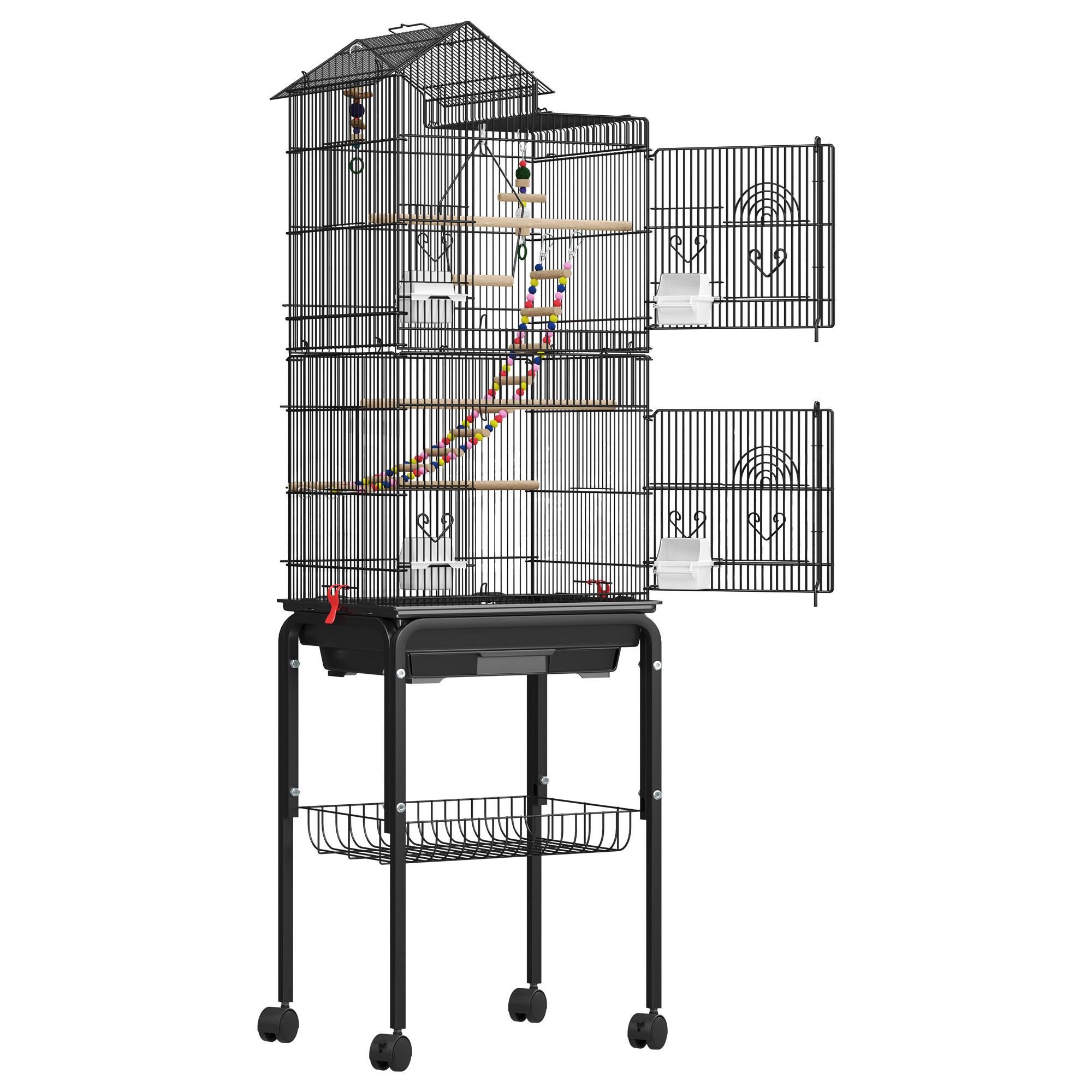 ModFusion 62" Metal Bird Cage Playtop Rolling Stand for Parakeet Lovebird Sun Conure Black