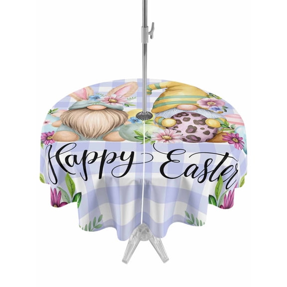 Easter Outdoor Tablecloth - 60 Inch Round Dining Table Cover, Watercolor Gnomes Eggs Daisy Flower Light Purple Plaid Waterproof Outdoor Table Cloth with Umbrella Hole & Zipper for Picnic/Patio/Party