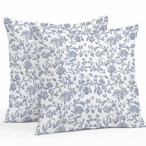 Throw Pillow Covers 16x16 Inch Set of 2, Blue Flower Waterproof Outdoor Pillow Covers, Vintage Farmhouse Boho Leaf Spring Summer Decorative Cushion Pillowcases for Couch, Sofa, Bed, Garden, Patio