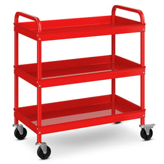 Simple Houseware 3-Tier Multifunctional Rolling Utility Cart with 2  dividers and Hanging Bucket, Red 