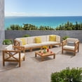 thumbnail image 2 of Timothy Outdoor 6-Seater Acacia Wood Sectional Sofa and Club Chair Set, Teak Finish, Beige, 2 of 7