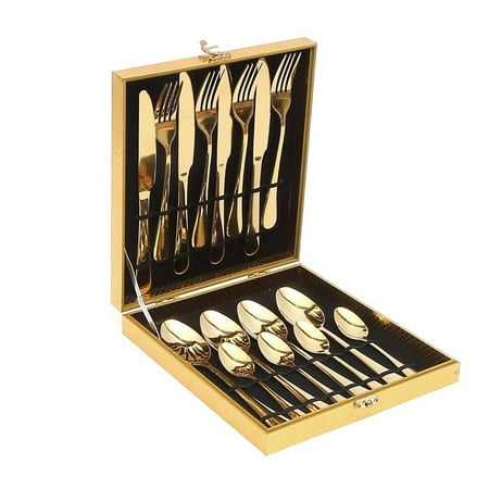 Elegantoss 16pcs Stainless Steel Flatware Tableware Gold Colored Cutlery Set in attractive Golden Gift box (Golden)