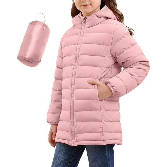 Cethrio Girls Puffer Jackets Size 7-8, Warm Lightweight Zip up Mid-length Winter Coats Outerwear Pink