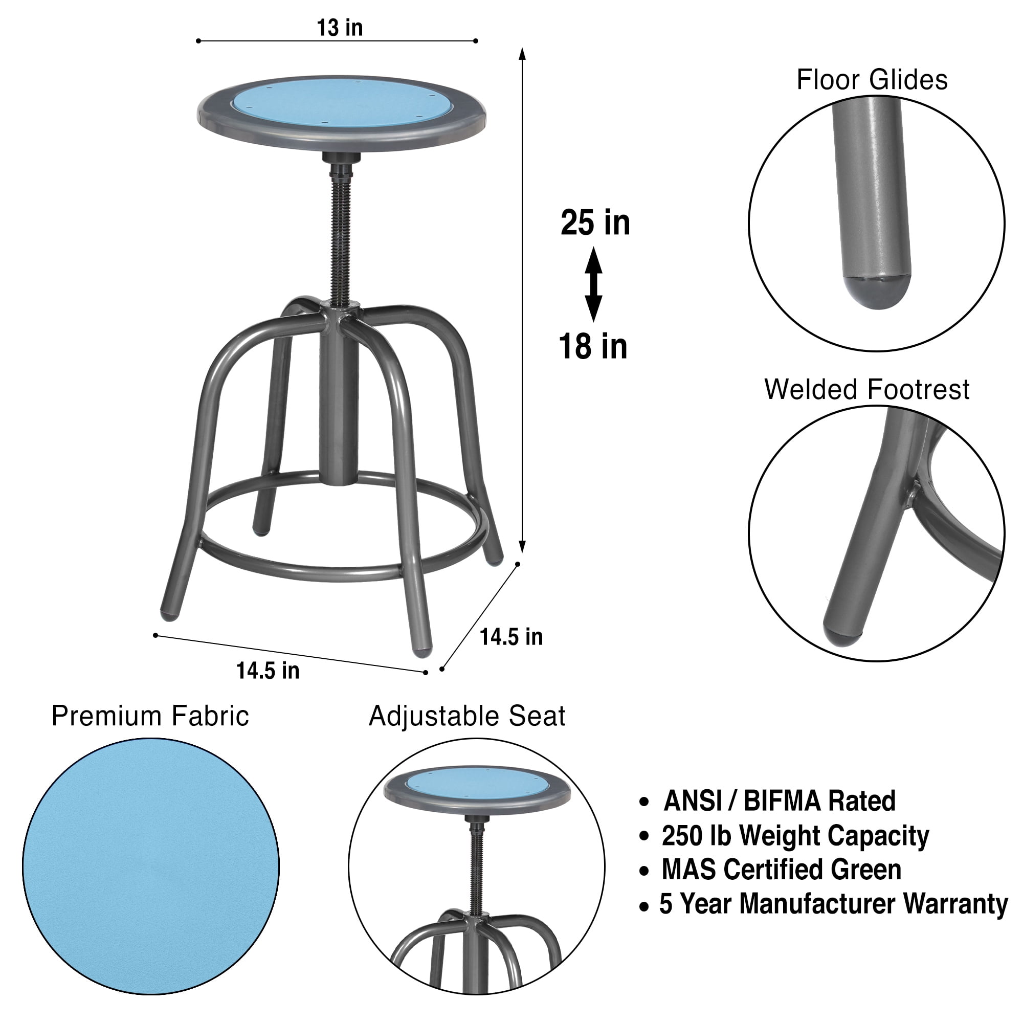 Vince Swivel Stool with Steel Seat, Grey Frame, Light Blue Seat Center