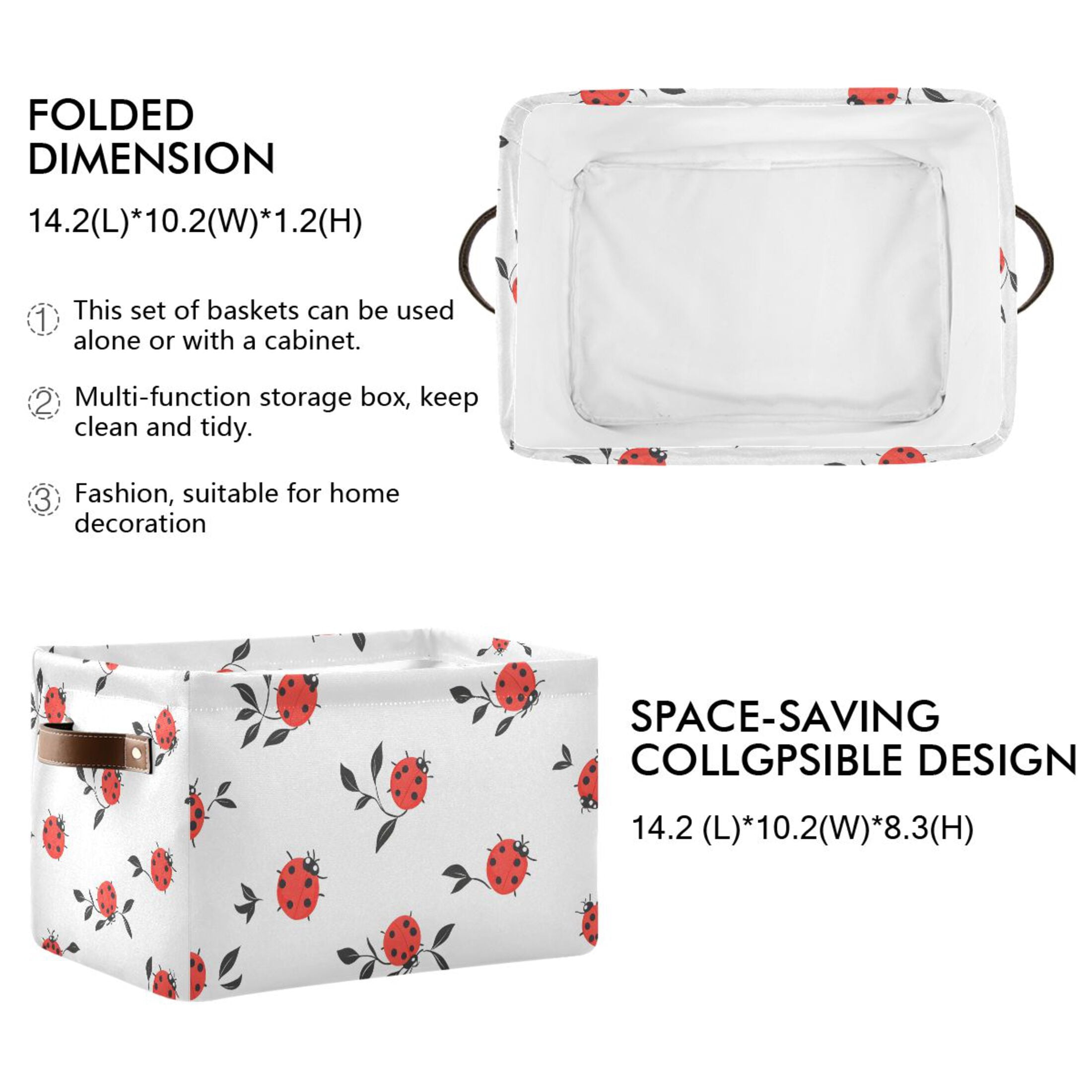 Ryvnso Ladybugs Leaves Storage Basket Large Bin Foldable Boxes Toys Organizer 14.2x10.2x8.3in 2 PCs