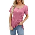 thumbnail image 2 of OKBOP Spring Tops for Women 2024 Pink Short Sleeve Crew Neck Button Solid T-Shirts Womens Shirts for Summer, 2 of 7