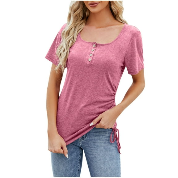 DeHolifer Women's Tank Tops Sleeveless V-Neck Button Solid Color Tank Tops Loose Casual Fashion Blouse Pink L