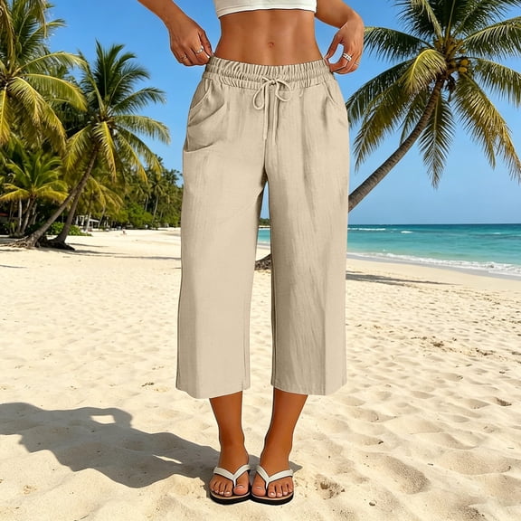 Cagogo Women Plus Size Wide Leg Capri Pants Elastic Waist with Pockets Casual Beach Vacation Trousers Cropped Palazzo Summer Travel Lounge Pants, Beige M