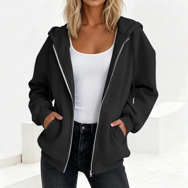 Neewe Hoodies Shirts for Women Early Fall Long Sleeve Tops Plain Outfits Tops Fashion Full Zip Tees 2025